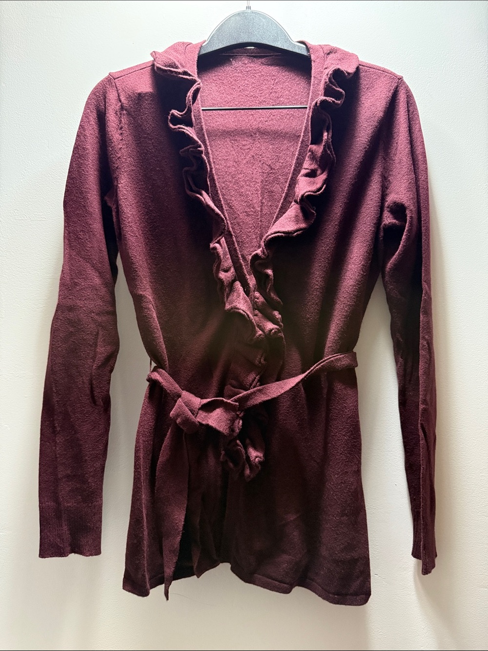 LOFT Ruffle-Trim Belted Cardigan - Burgundy